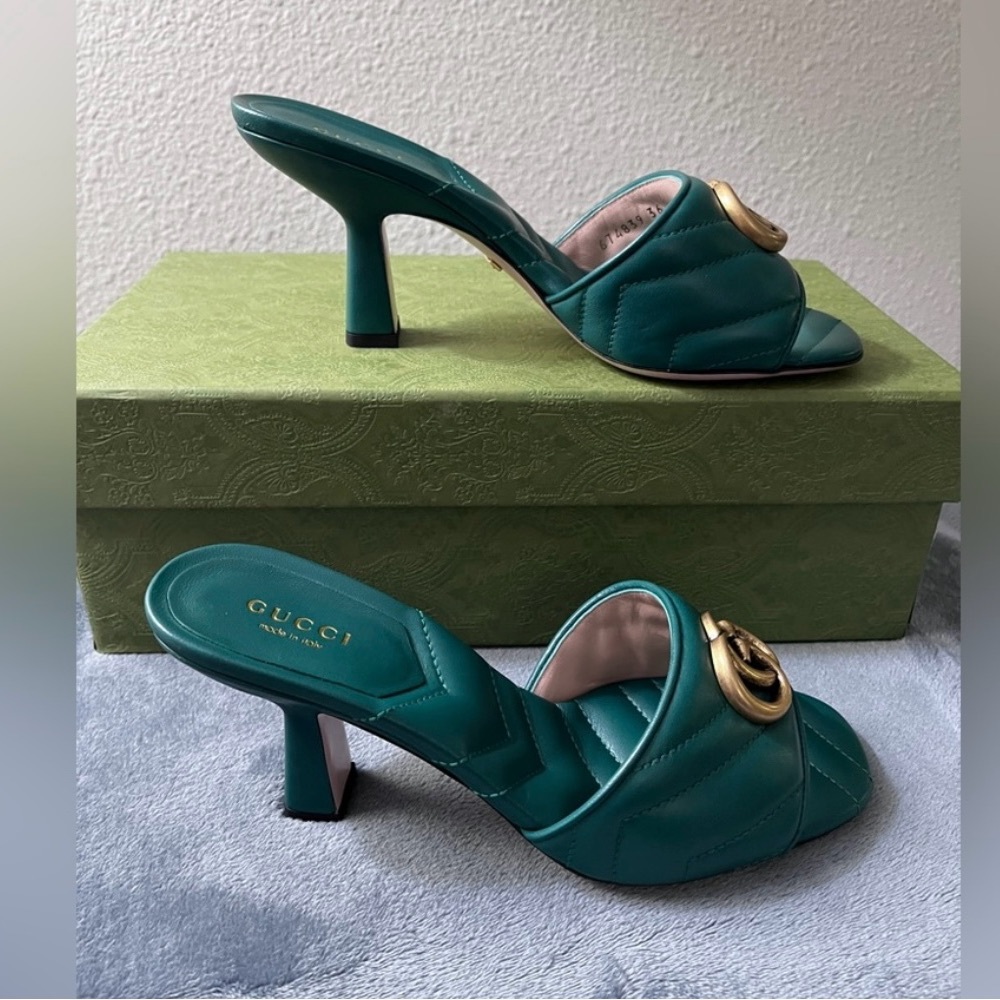 Brand New Gucci women’s GG Marmot Matelasse Heels Green leather size 35,5 - Picture 8 of 8